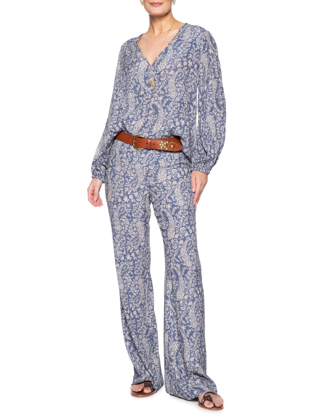 Calça Feminina Reta Pala Estampa Maze Azul Maria Filó