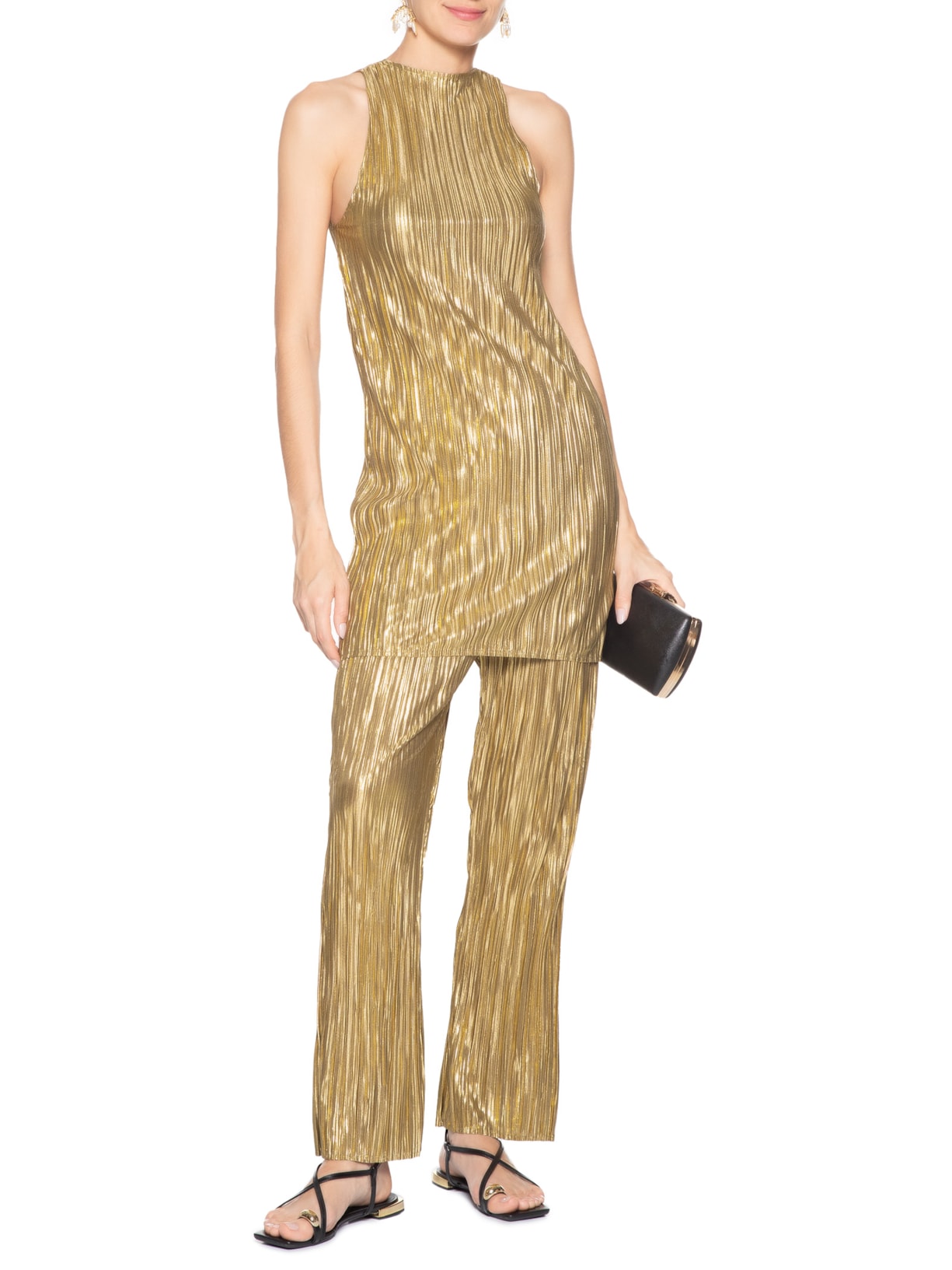 Calça Feminina Reta Plissê Gold Dourado Osklen