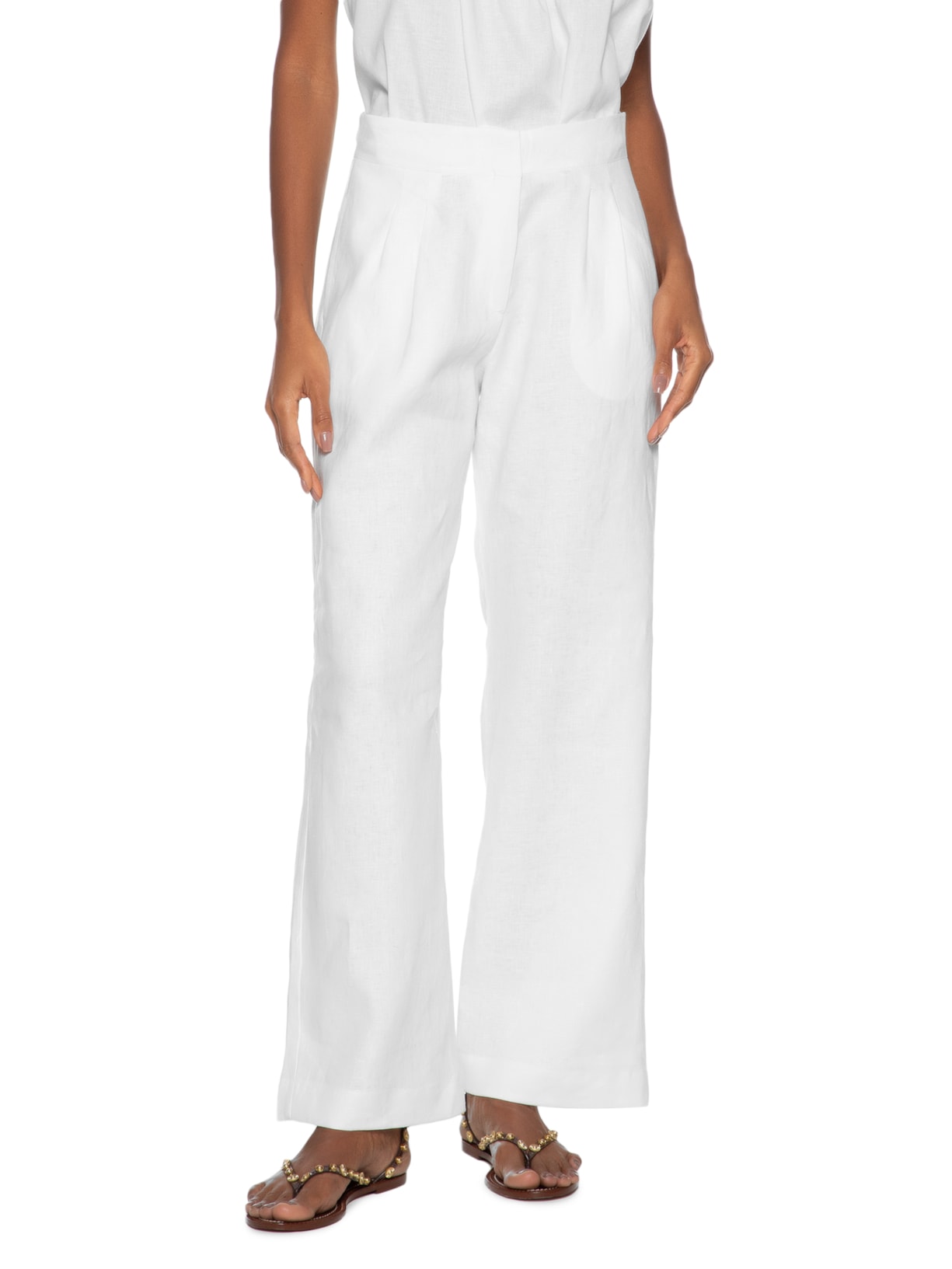 Calça Feminina Reta Pregas Branco Maria Filó