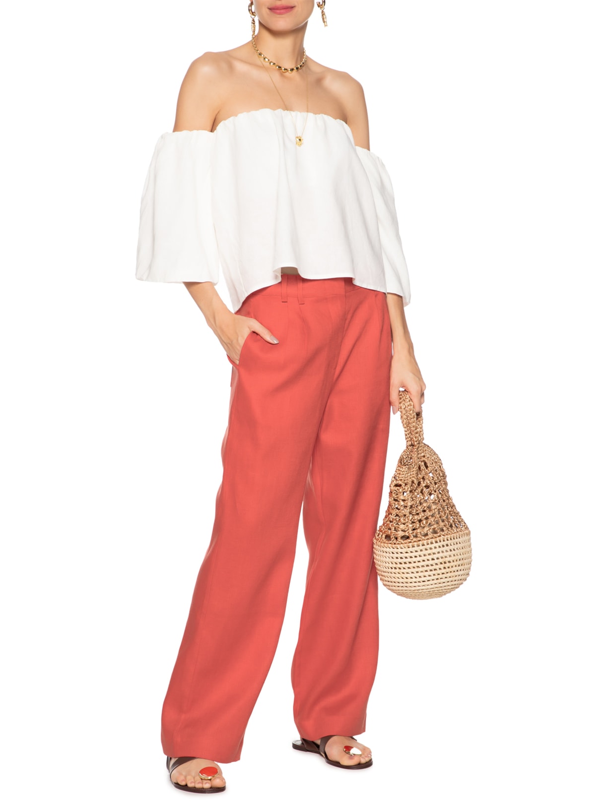 Calça Feminina Reta Pregas Vermelho Maria Filó