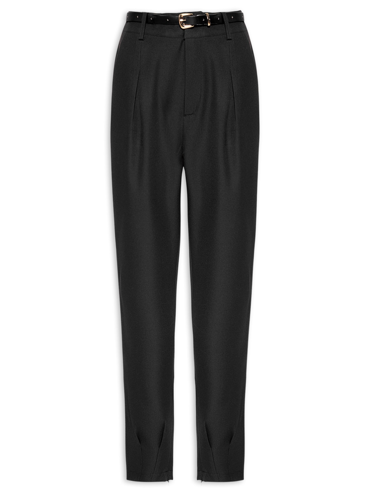 Calça Feminina Reta Pregueada Com Cinto - Preto