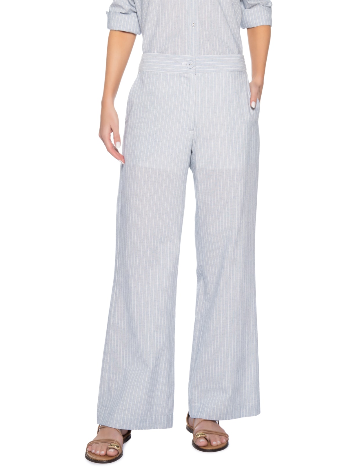 Calça Feminina Reta Risca De Giz Azul Maria Filó