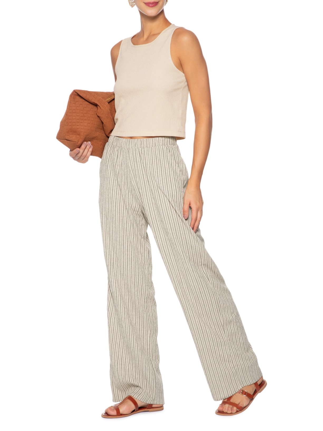 Calça Feminina Reta Texturizada Bege Basiq