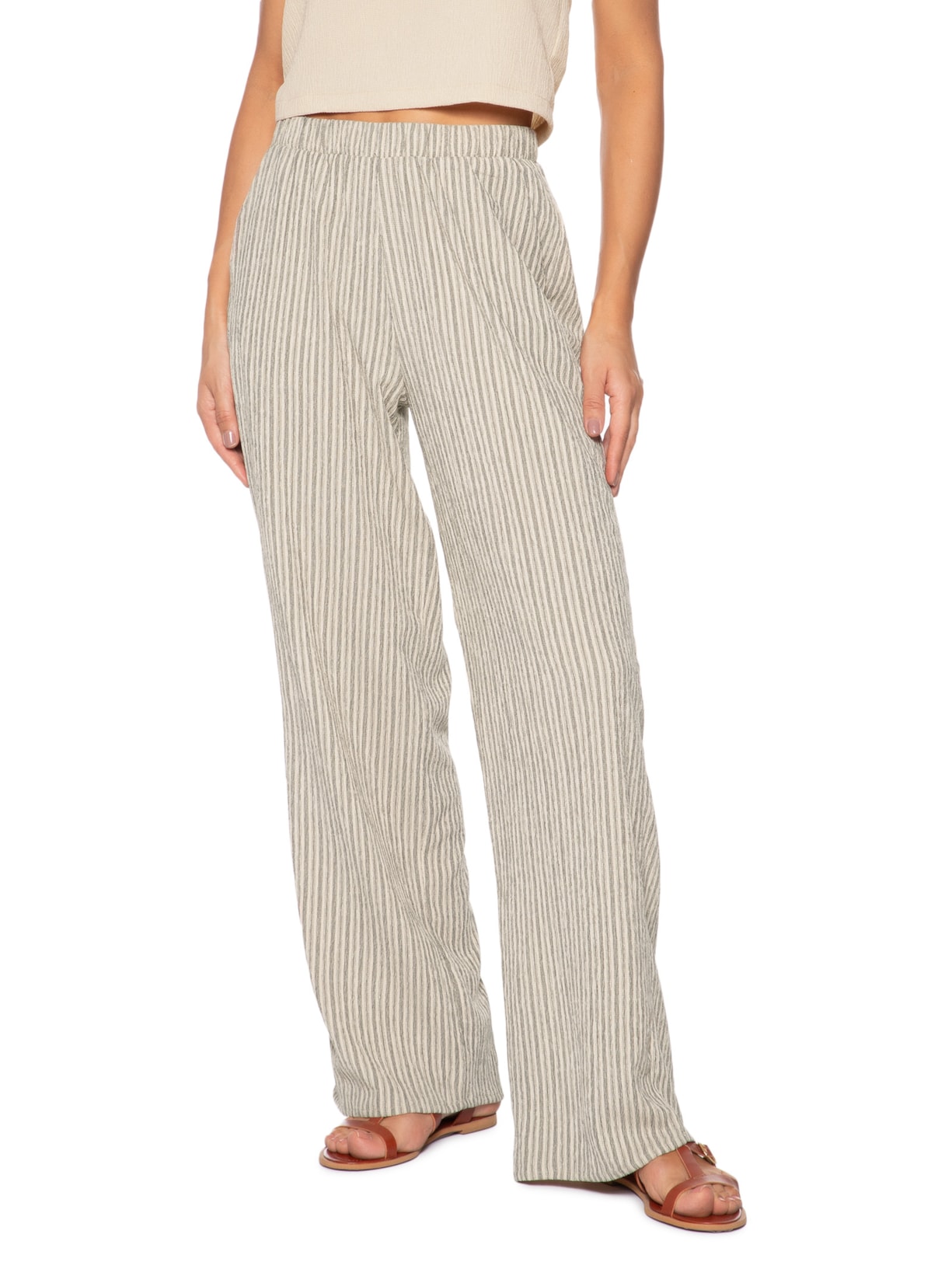 Calça Feminina Reta Texturizada Bege Basiq