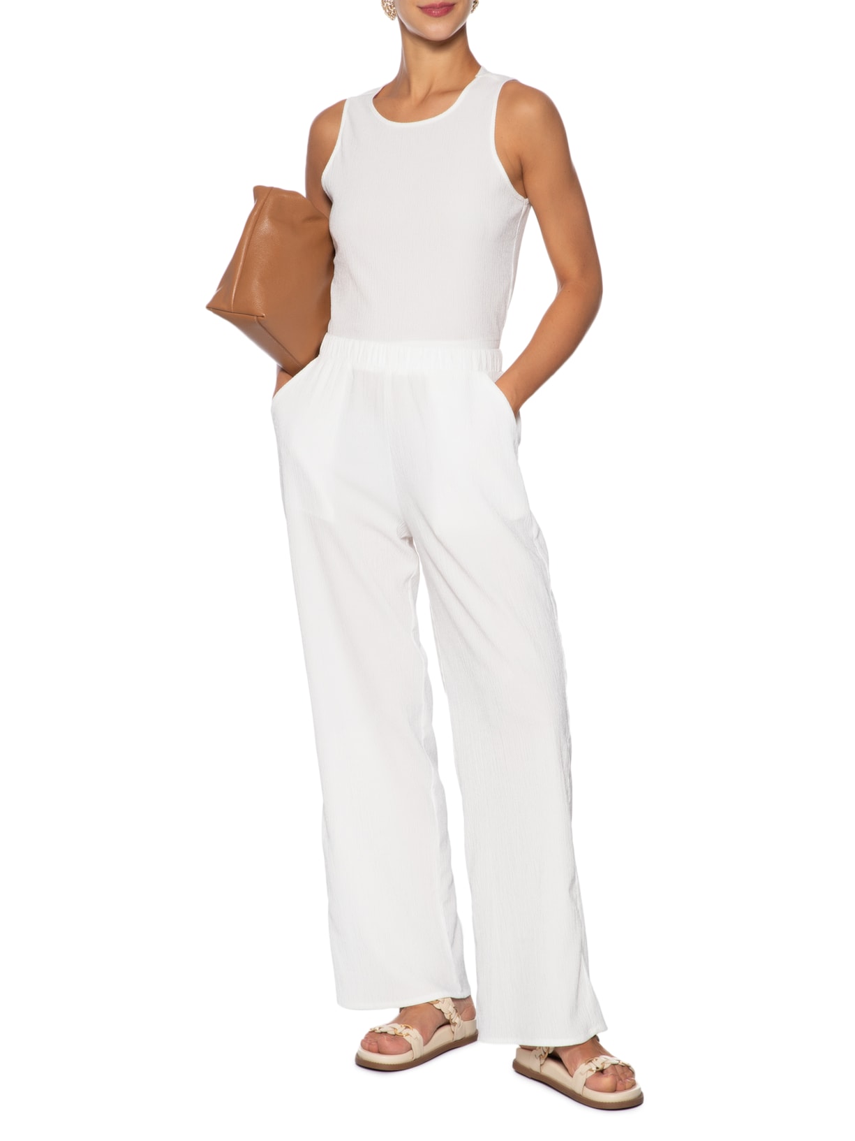 Calça Feminina Reta Texturizada Branco Basiq