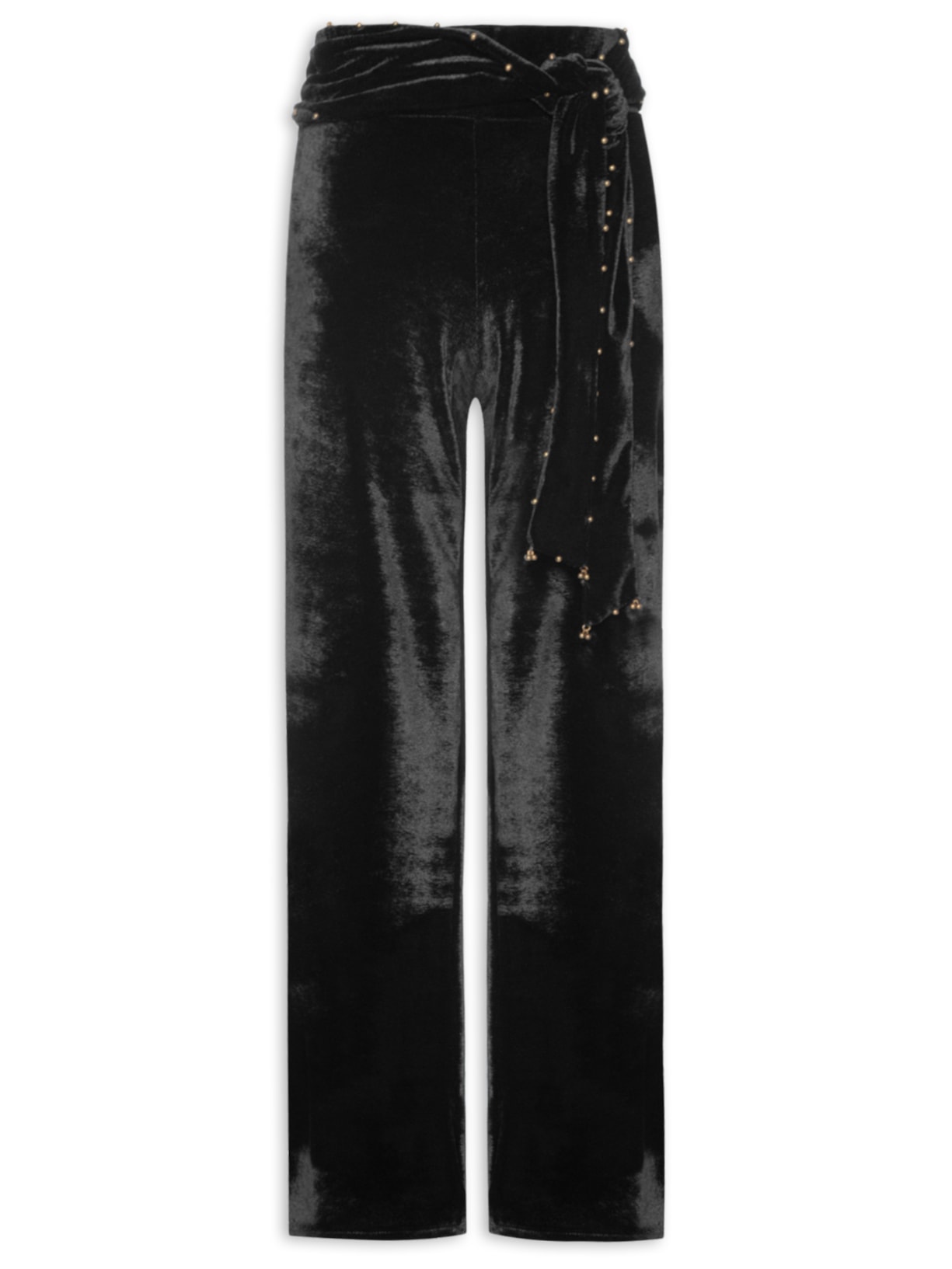 Calça Feminina Reta Veludo Faixa Bordada Miçanga - Preto