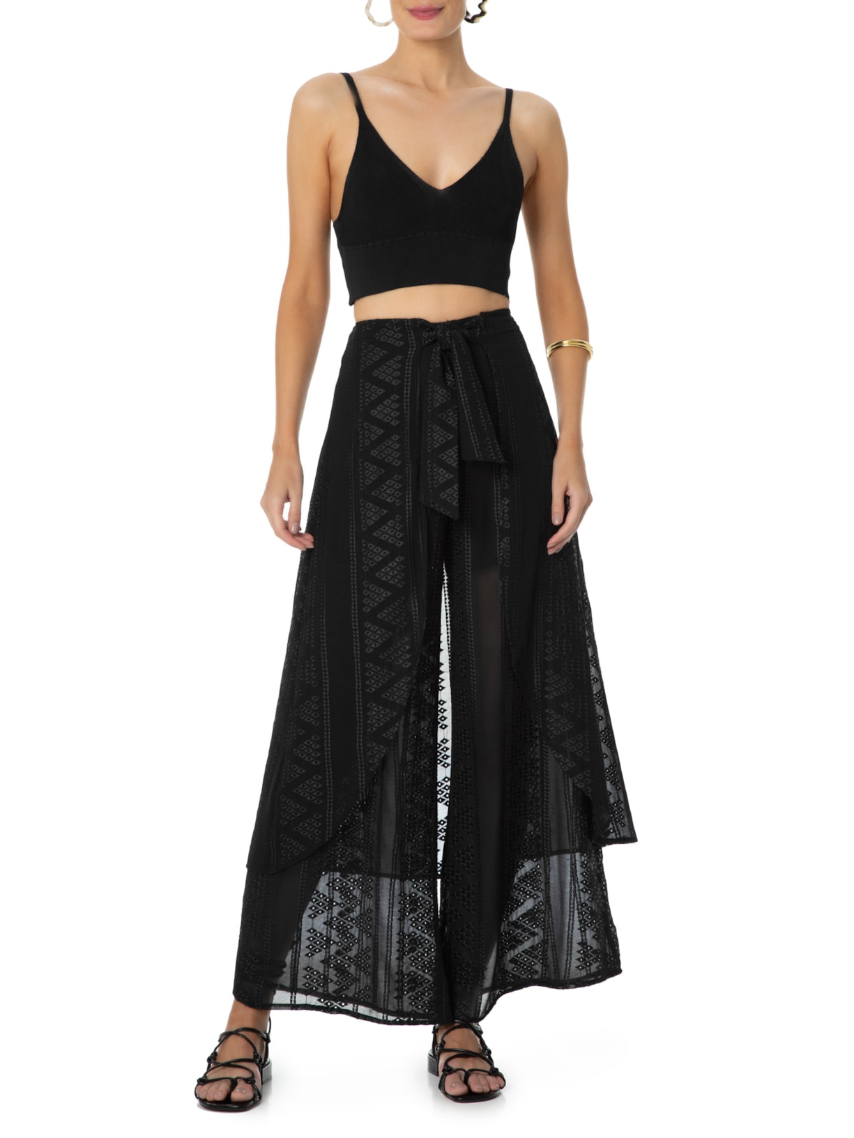 Calça Feminina Saia Bordados Finos Preto Maria Filó