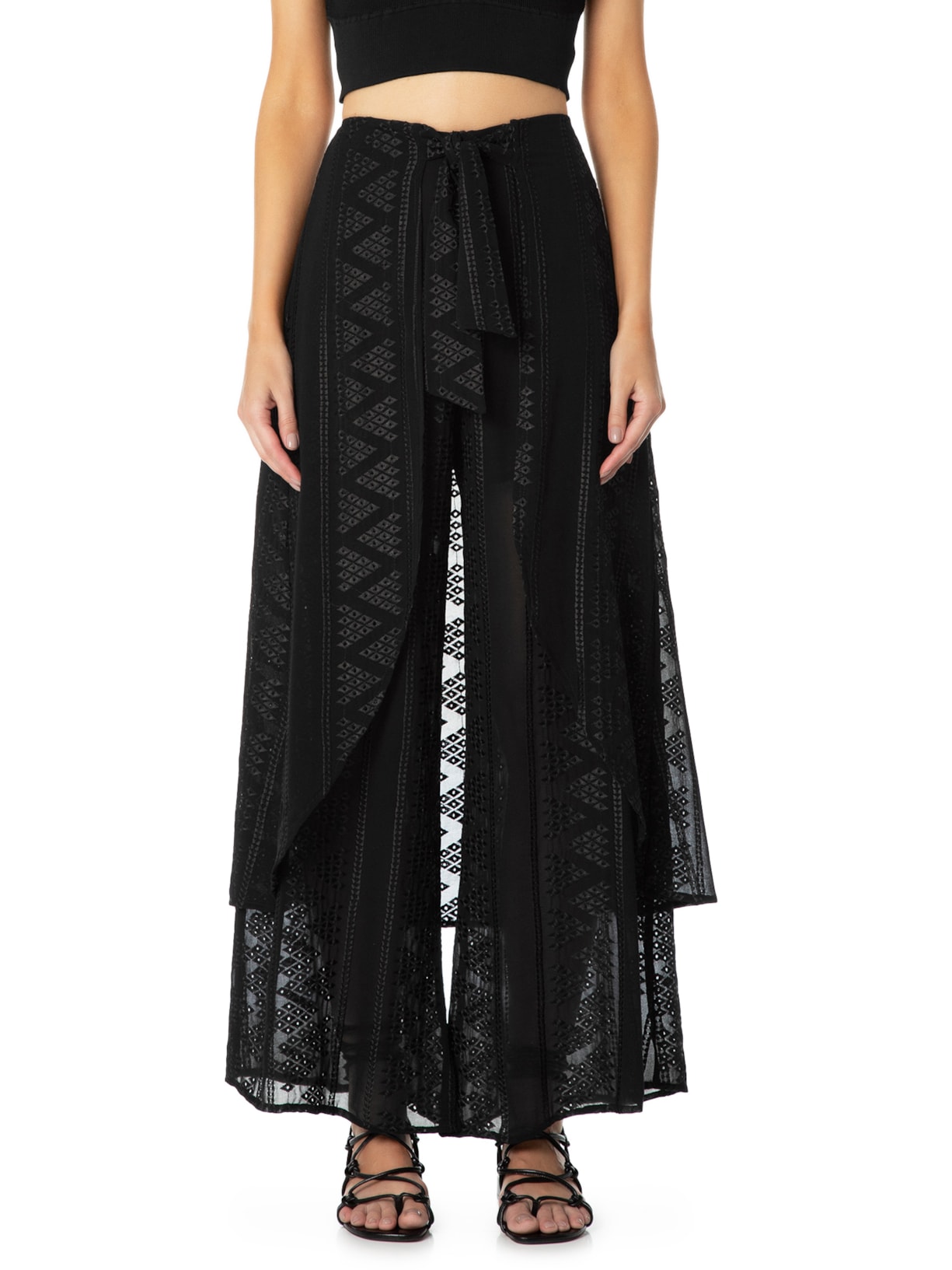 Calça Feminina Saia Bordados Finos Preto Maria Filó