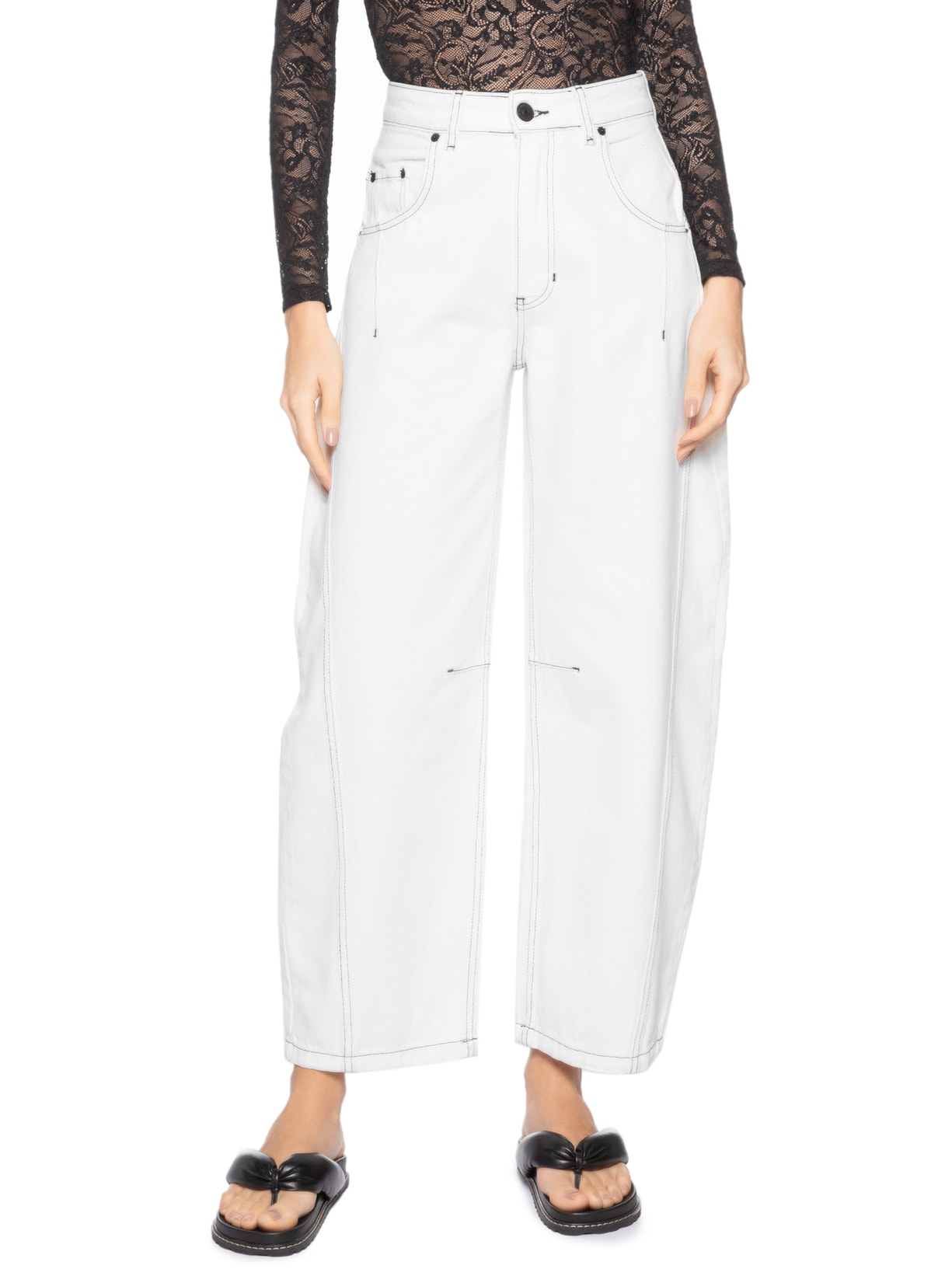 Calça Feminina Sarja Barrel Pesponto Contraste Branco Animale Jeans