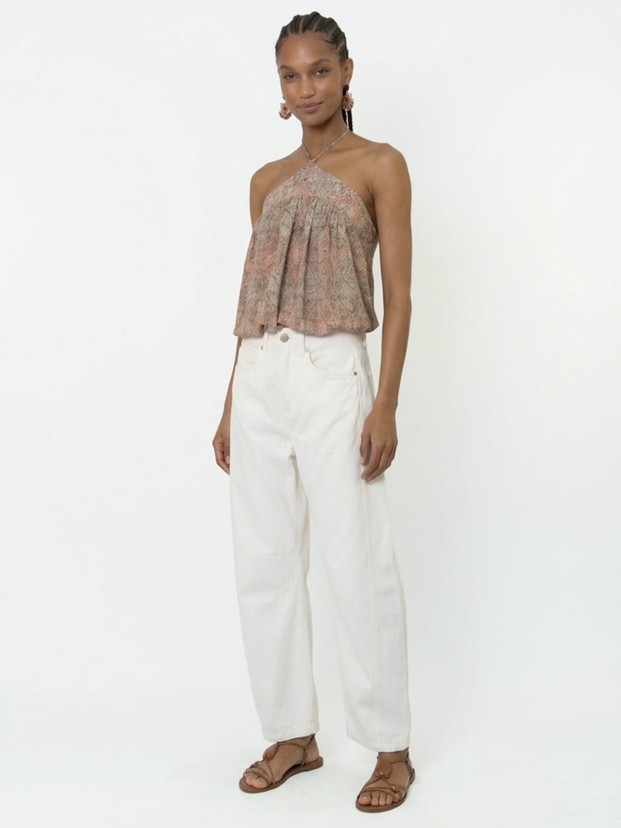 Calça Feminina Sarja Barrel Recortes Off White Maria Filó