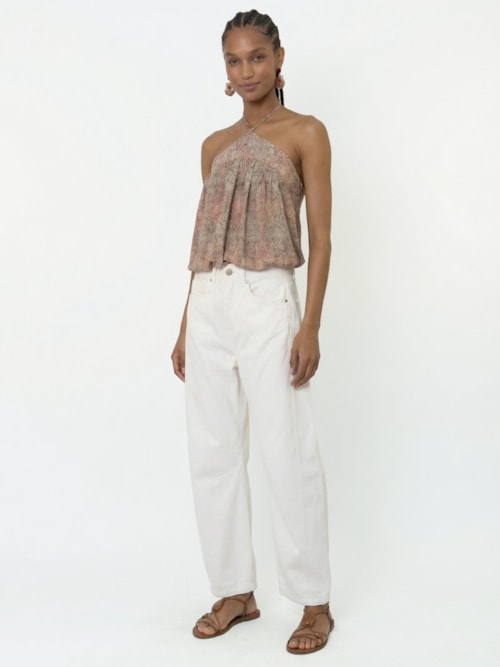 Calça Feminina Sarja Barrel Recortes - Off White