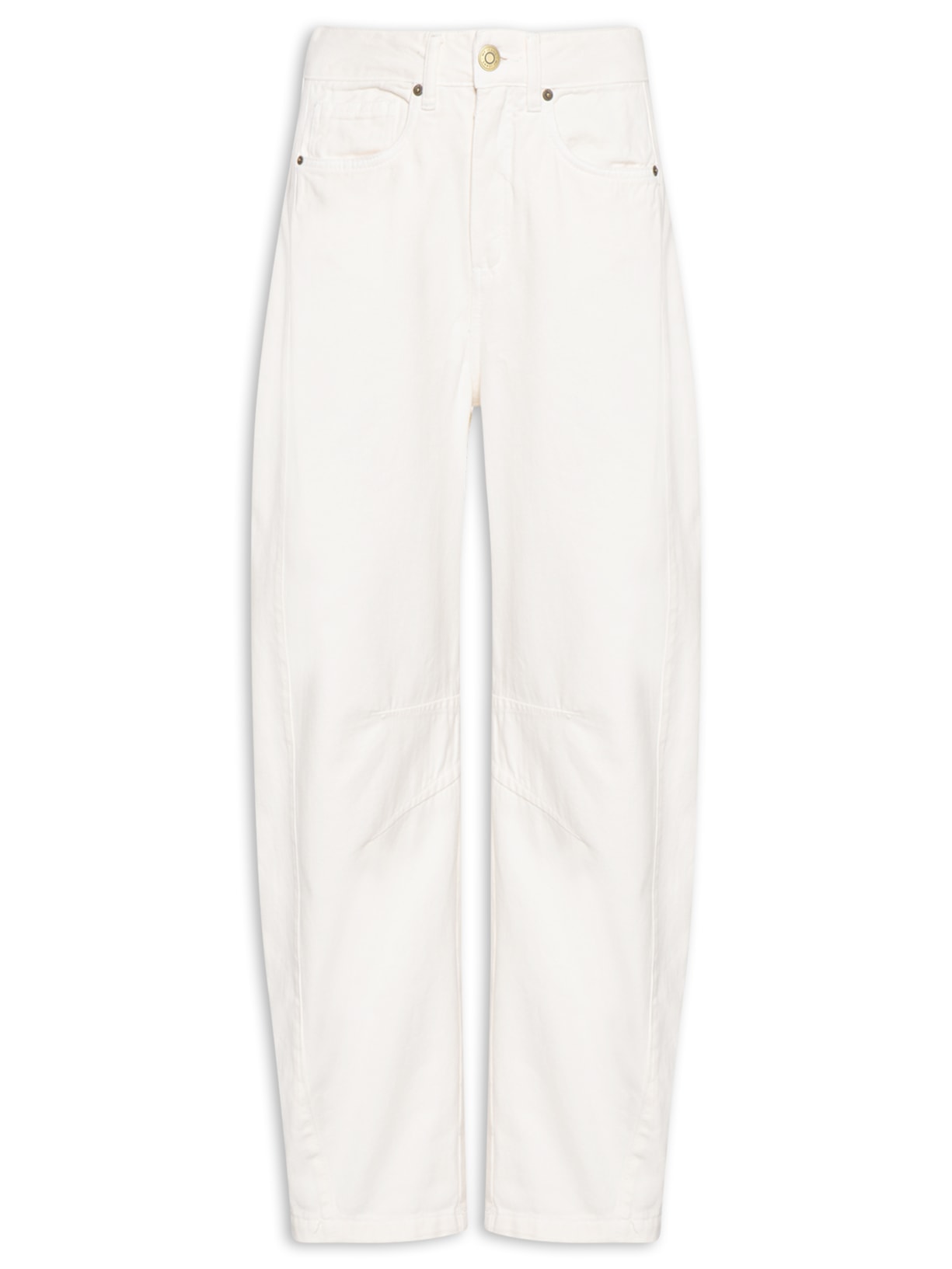 Calça Feminina Sarja Barrel Recortes Off White Maria Filó
