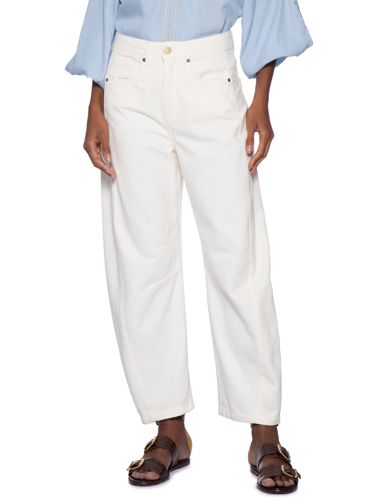 Calça Feminina Sarja Barrel Recortes Off White Maria Filó