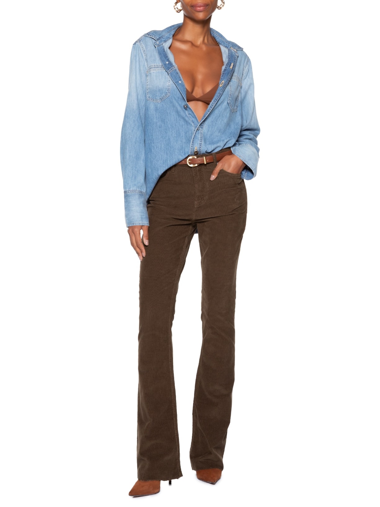 Calça Feminina Sarja Boot High Veludo Marrom Animale Jeans