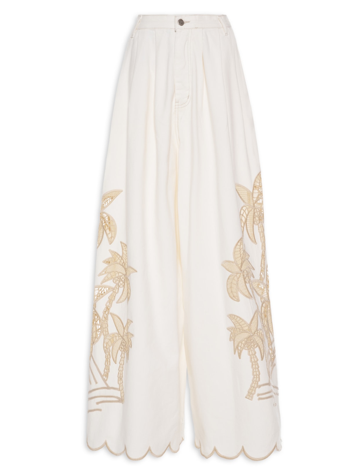 Calça Feminina Sarja Bordado Richelieu Coqueiro - Off White