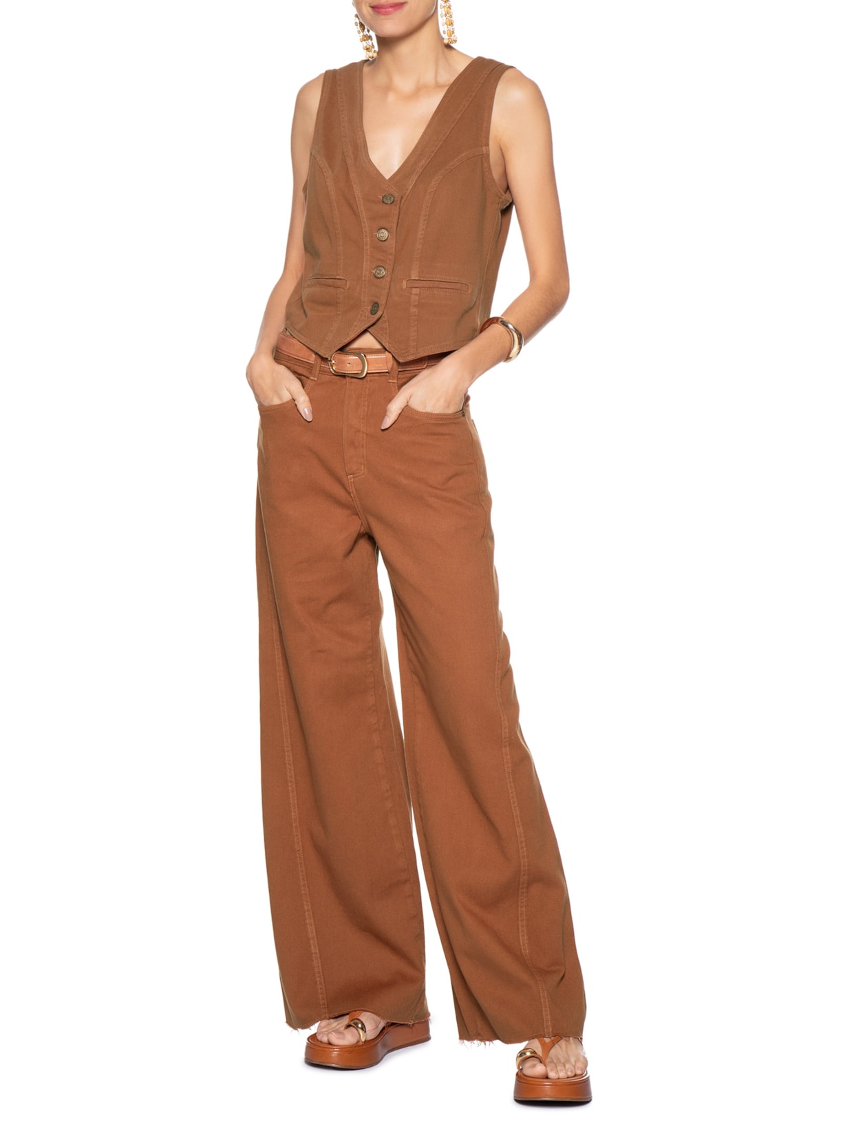 Calça Feminina Sarja Costura Deslocada Marrom Dress To