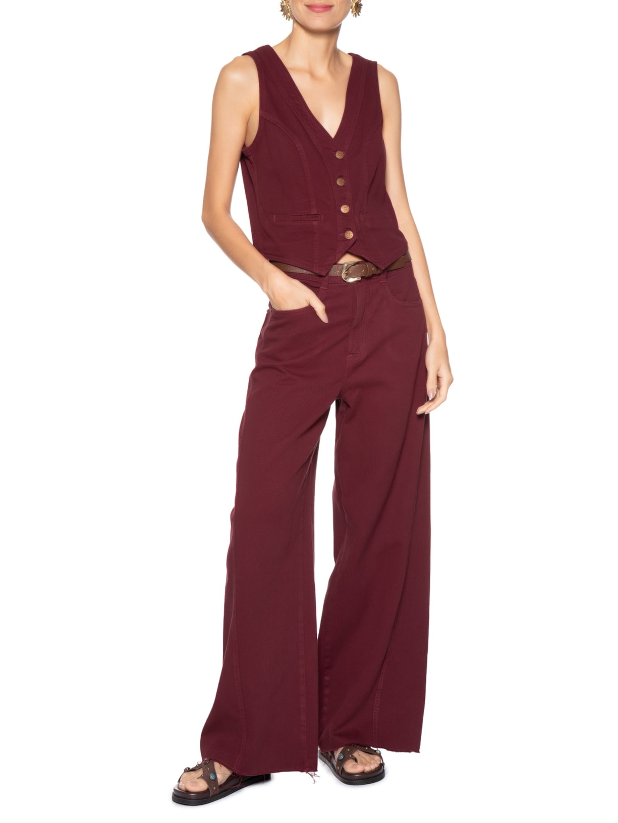 Calça Feminina Sarja Costura Deslocada Vermelho Dress To