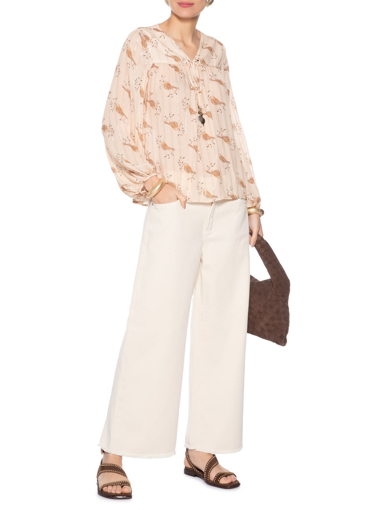 Calça Feminina Sarja Cropped Wide Off White Maria Filó