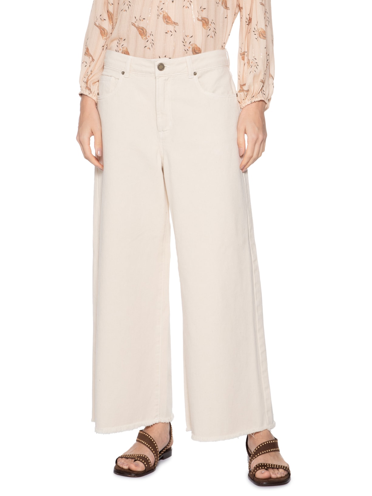 Calça Feminina Sarja Cropped Wide Off White Maria Filó