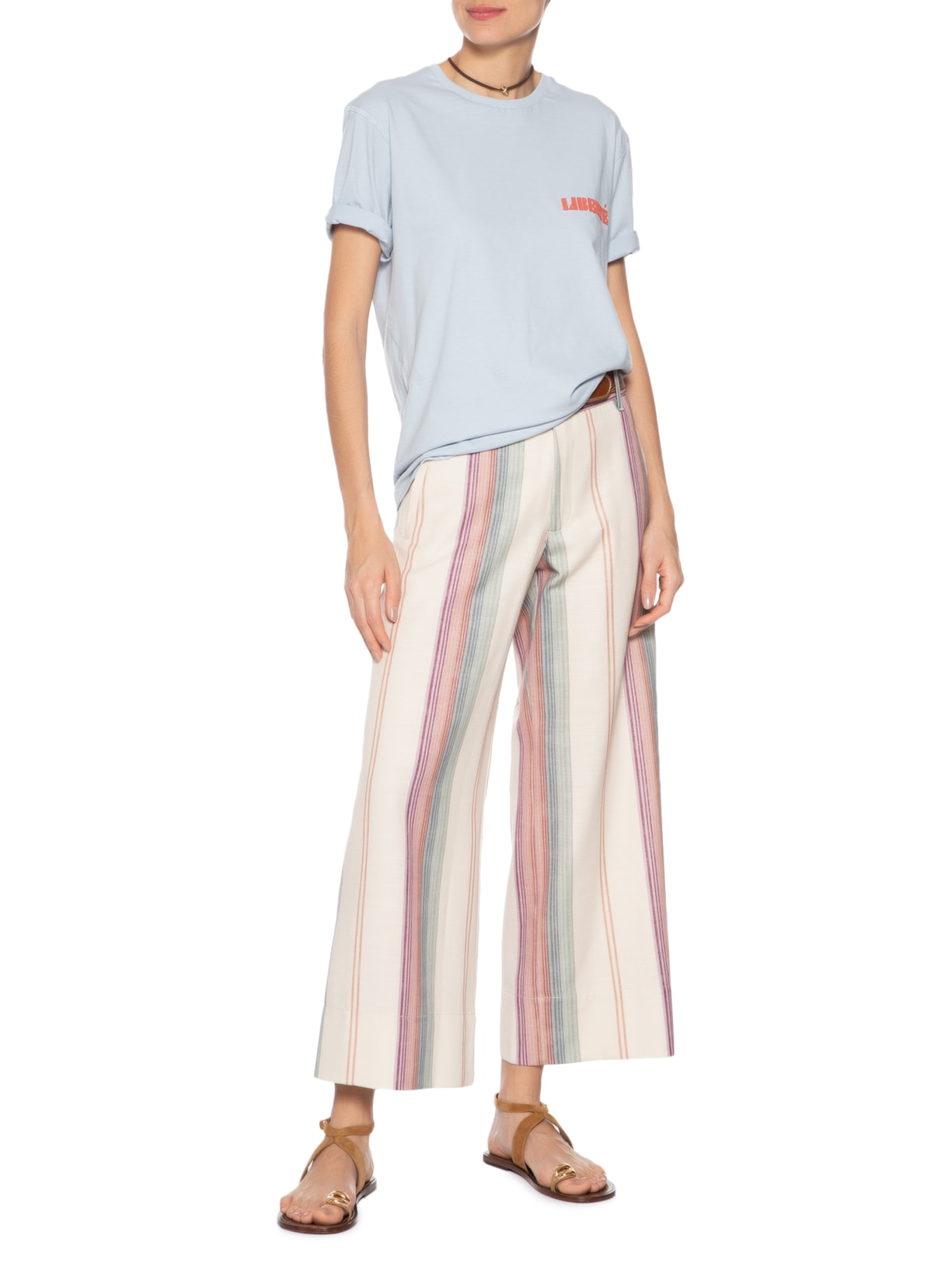 Calça Feminina Sarja Estampa Listra Coloris Bege Maria Filó