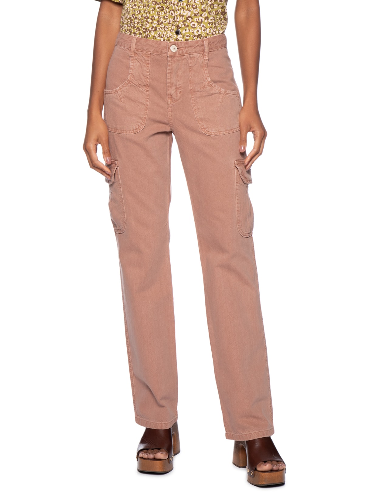 Calça Feminina Sarja Low Rise Cargo Com Pregas Rosa Animale Jeans