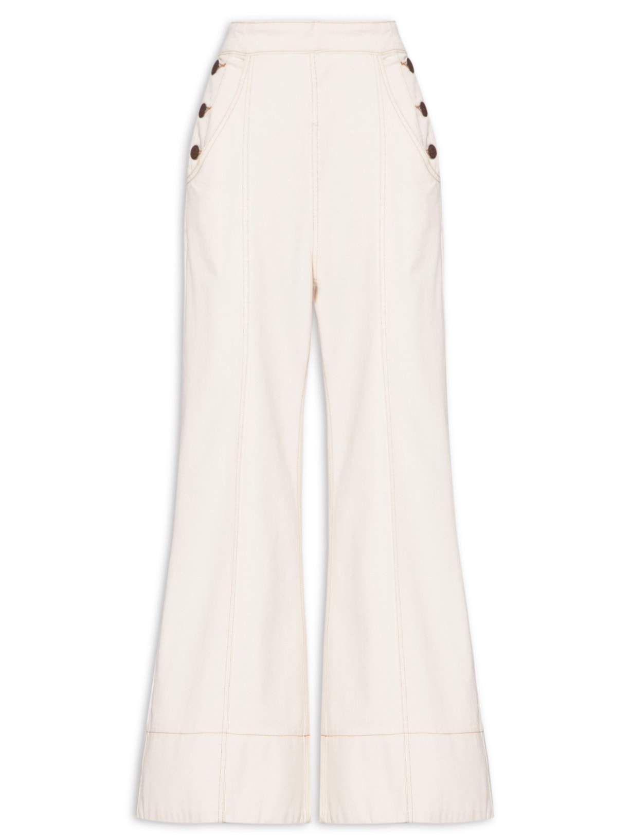 Calça Feminina Sarja Pesponto Botões - Off White
