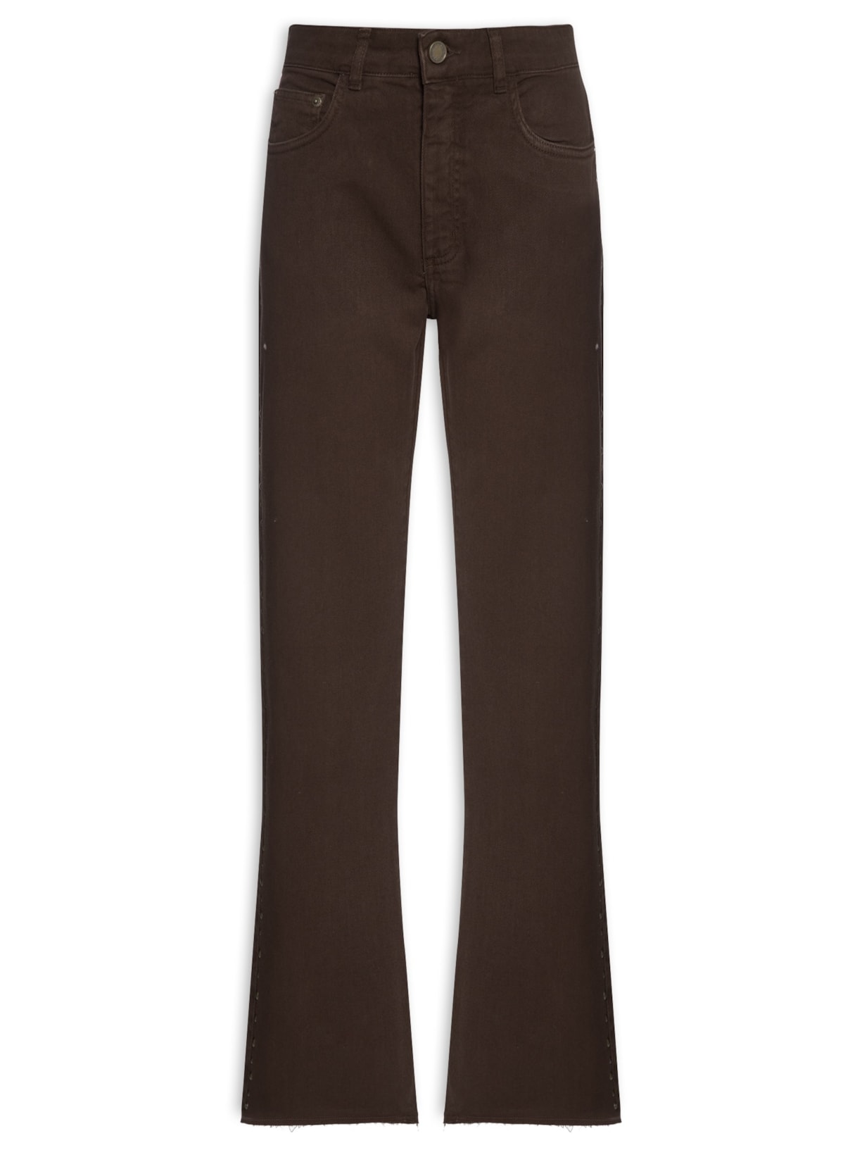 Calça Feminina Sarja Reta Cropped Lateral Tacha Marrom Maria Filó