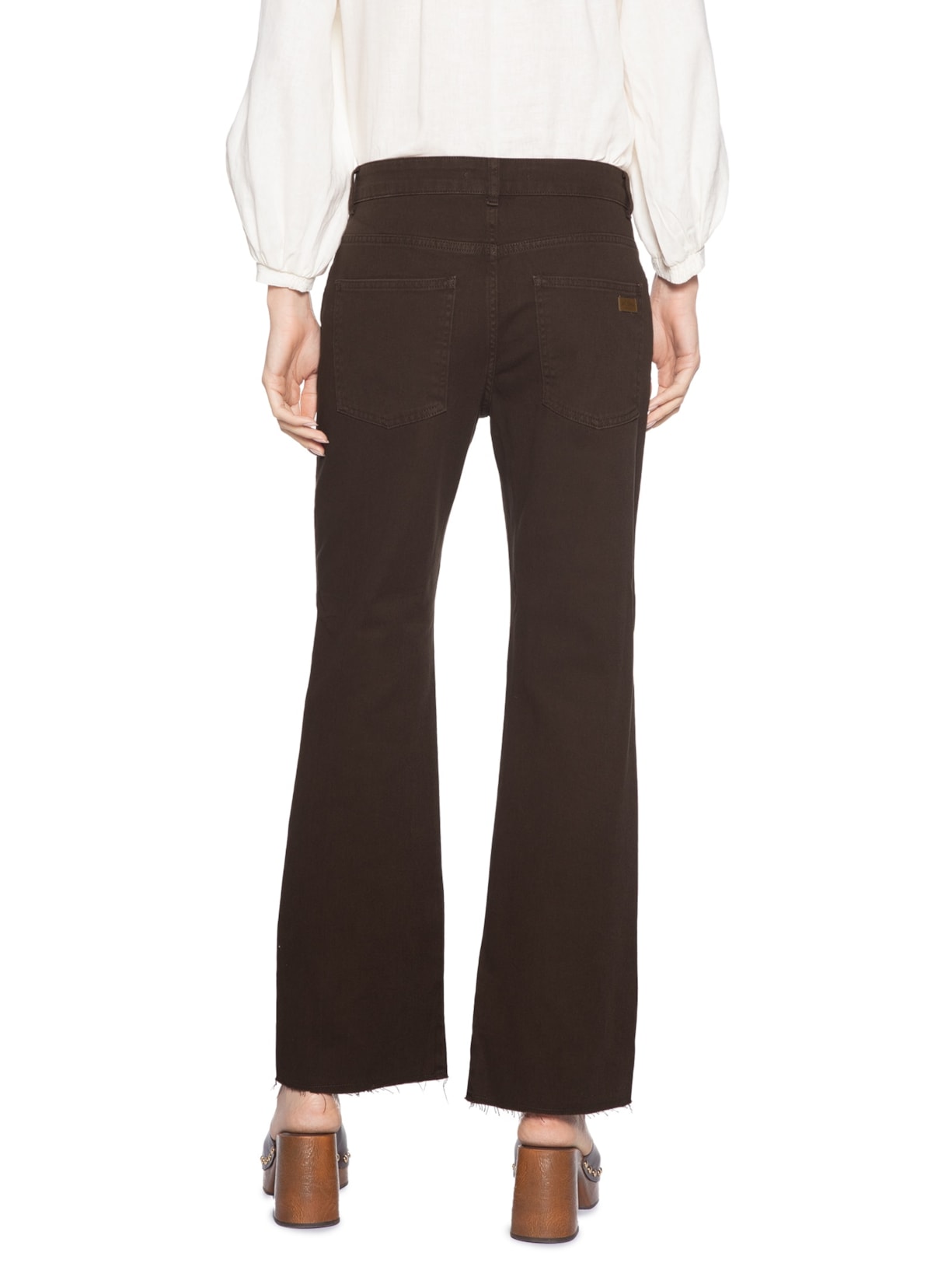 Calça Feminina Sarja Reta Cropped Lateral Tacha Marrom Maria Filó