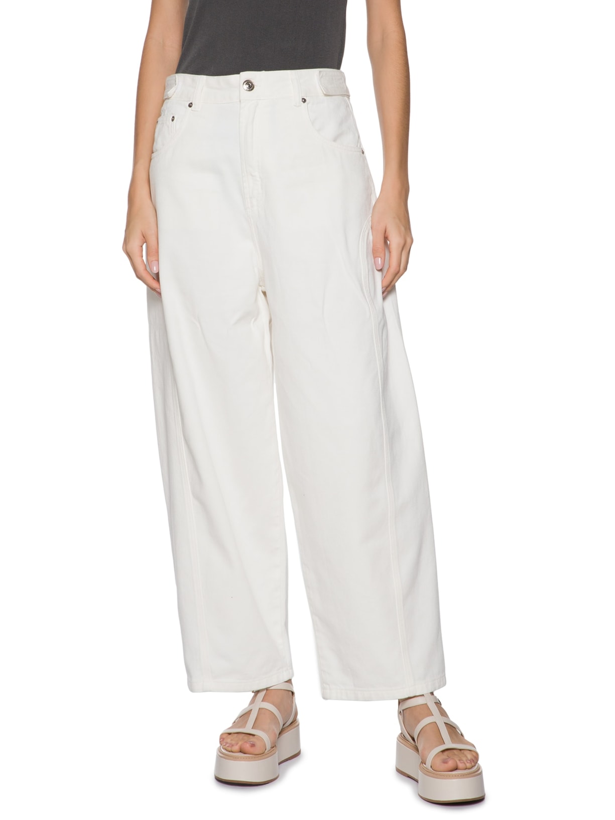 Calça Feminina Sarja Slouchy Com Recortes Branco Animale Jeans