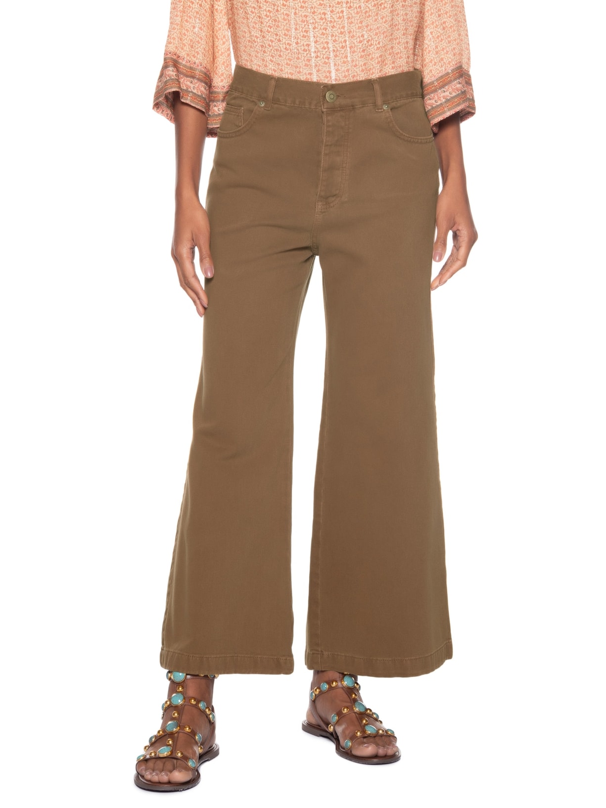 Calça Feminina Sarja Wide Cintura Alta Marrom Maria Filó