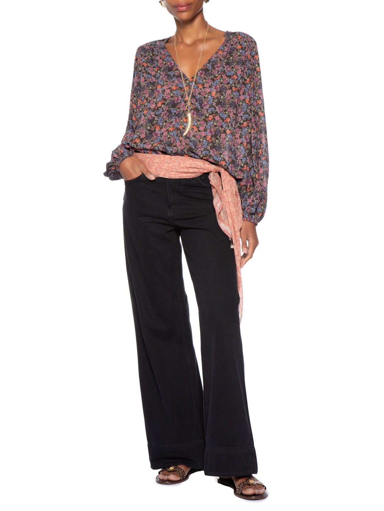 Calça Feminina Sarja Wide Leg Barra Larga Preto Maria Filó