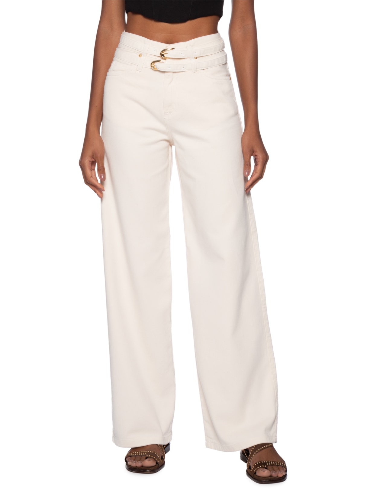 Calça Feminina Sarja Wide Leg Double Cinto Branco Animale Jeans