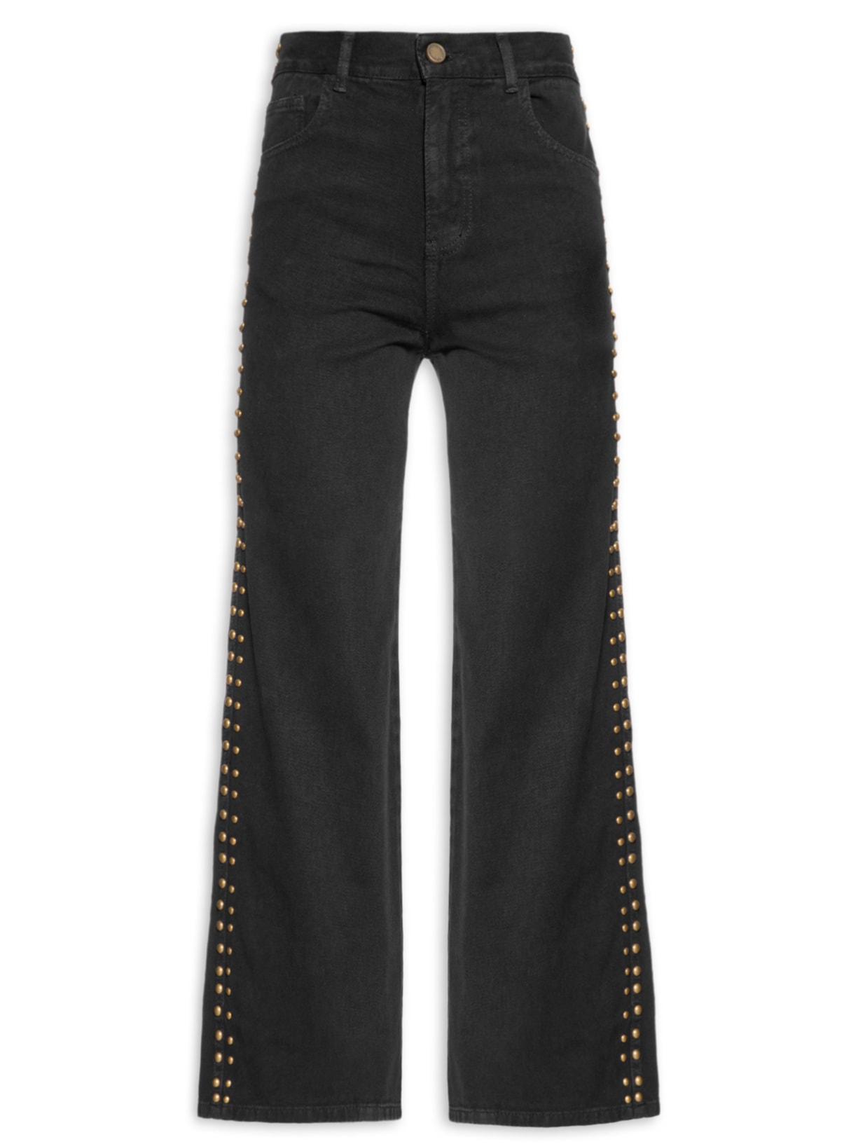 Calça Feminina Sarja Wide Mix De Tachas - Preto