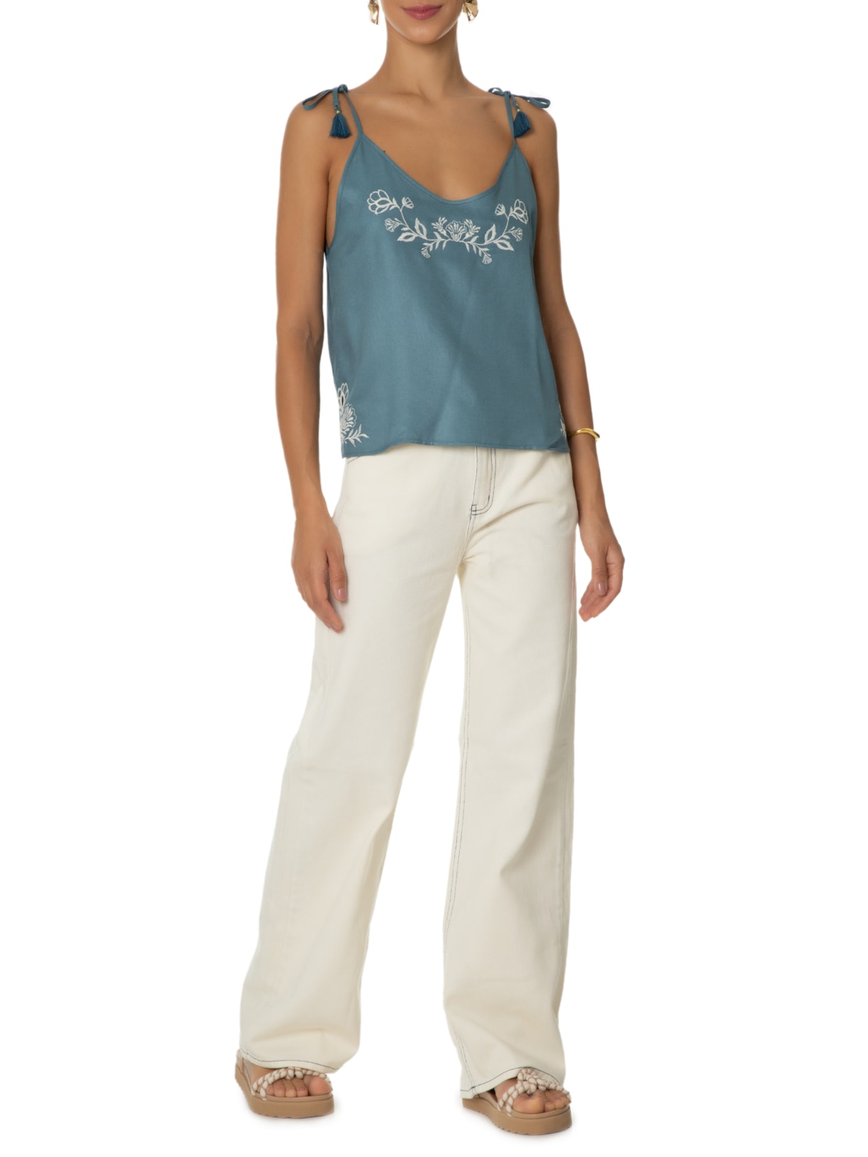 Calça Feminina Sarja Wide Pesponto Marinho Off White Maria Filó