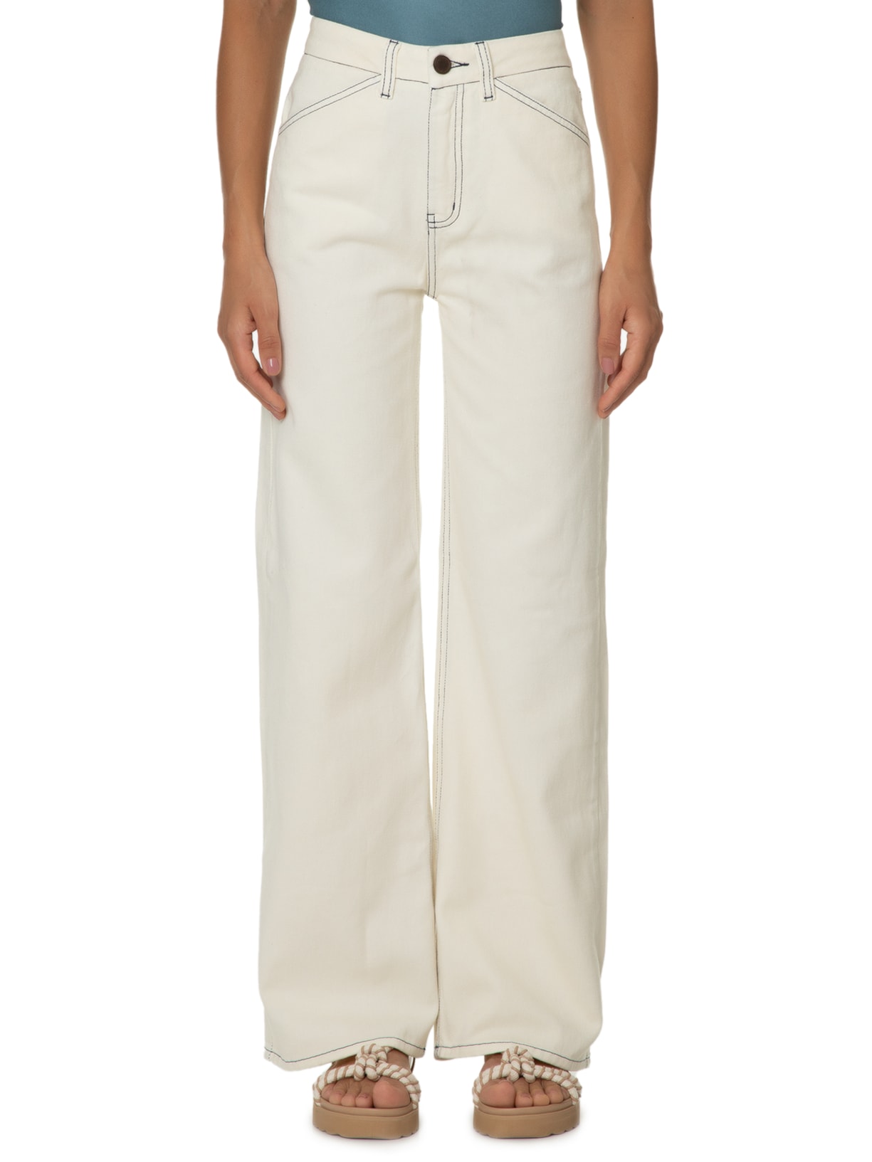 Calça Feminina Sarja Wide Pesponto Marinho Off White Maria Filó