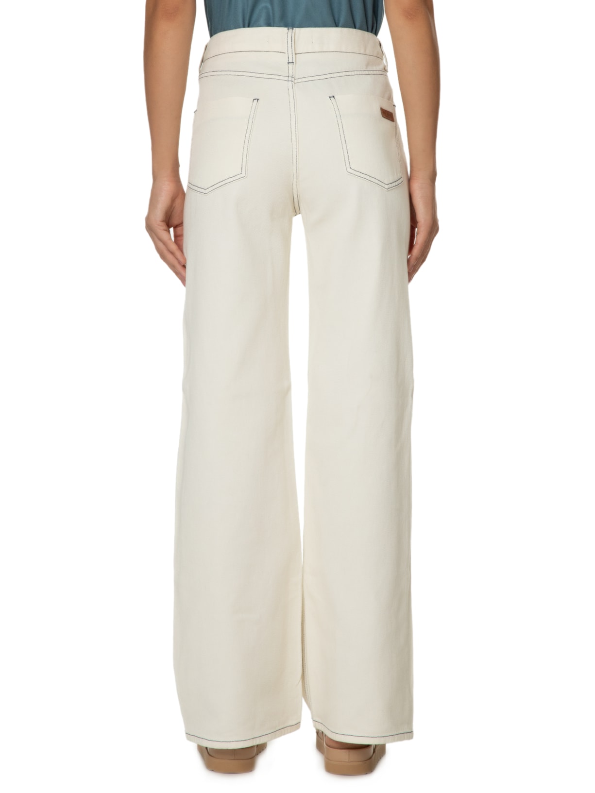 Calça Feminina Sarja Wide Pesponto Marinho Off White Maria Filó