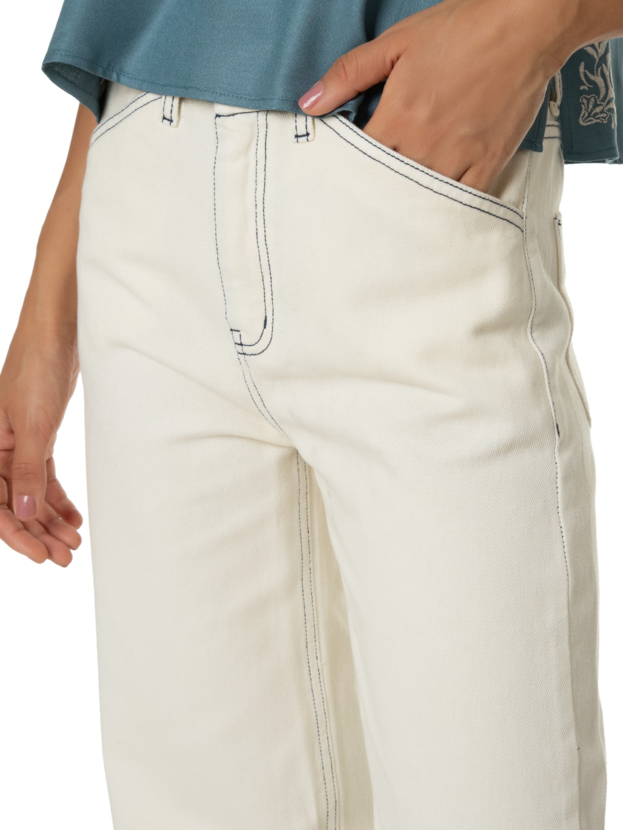 Calça Feminina Sarja Wide Pesponto Marinho Off White Maria Filó