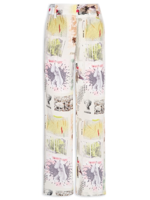 Calça Feminina Seda Fig Jornal - Off White