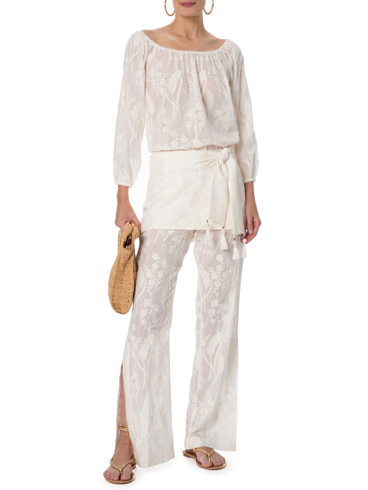 Calça Feminina Seda Pantalona Bordado Off White Maria Filó