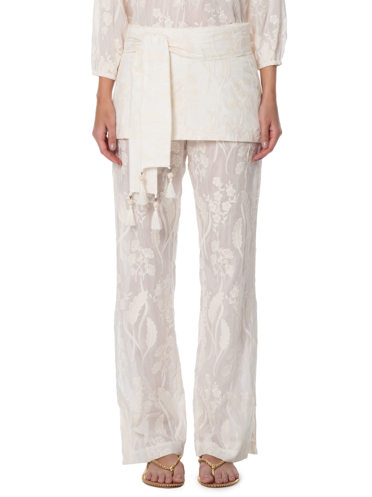 Calça Feminina Seda Pantalona Bordado Off White Maria Filó