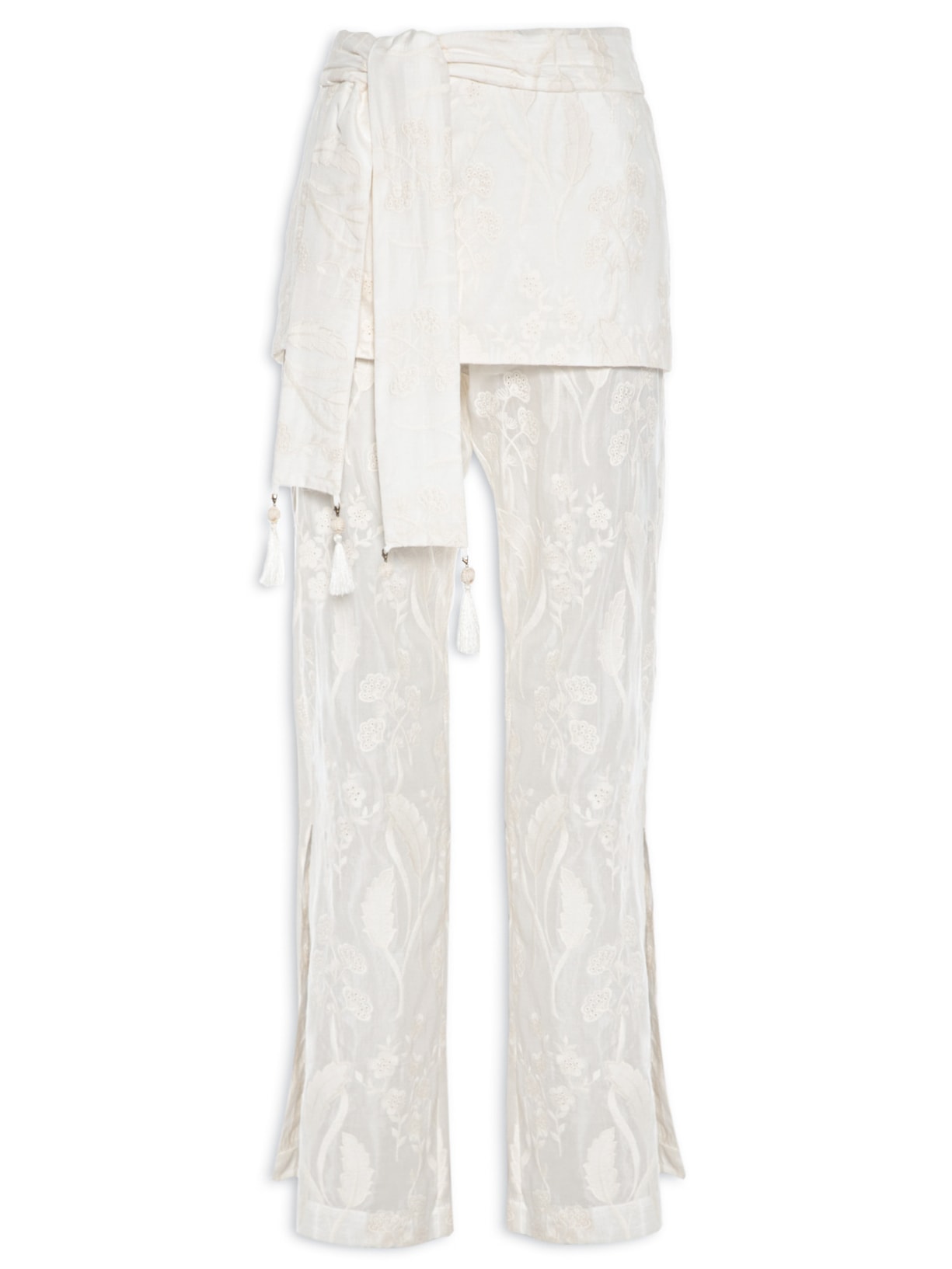 Calça Feminina Seda Pantalona Bordado Off White Maria Filó