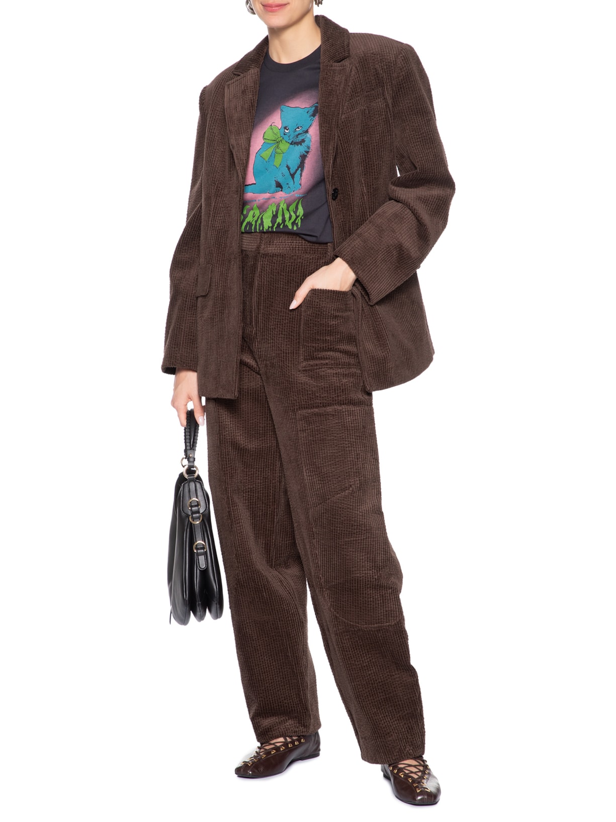 Calça Feminina Seersucker Curduroy Marrom Ganni