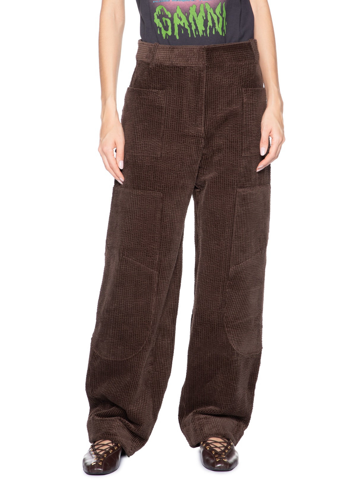 Calça Feminina Seersucker Curduroy Marrom Ganni