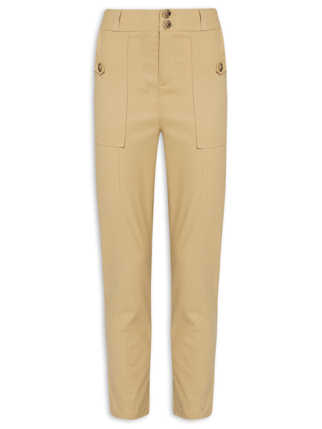 Calça Feminina Skinny Com Cós Largo E Botões - Bege