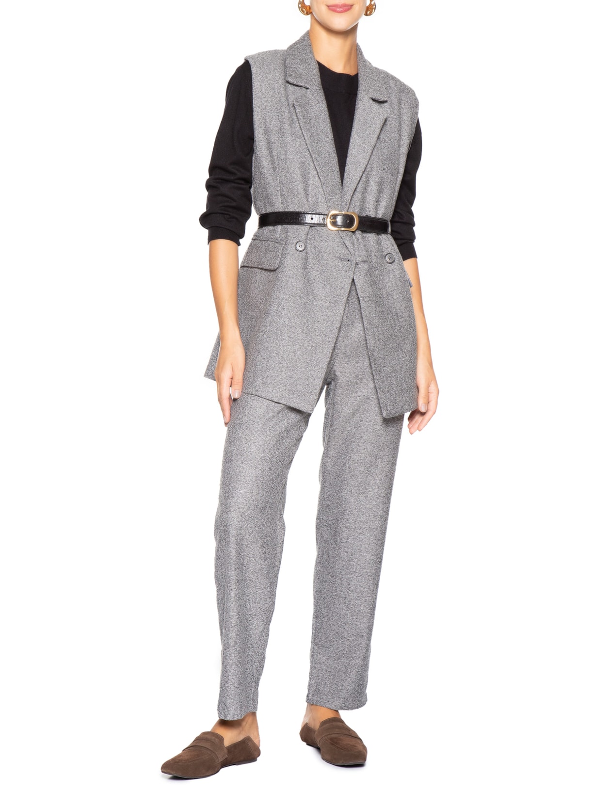 Calça Feminina Slim Alfaiataria Com Bolso Cinza Basiq