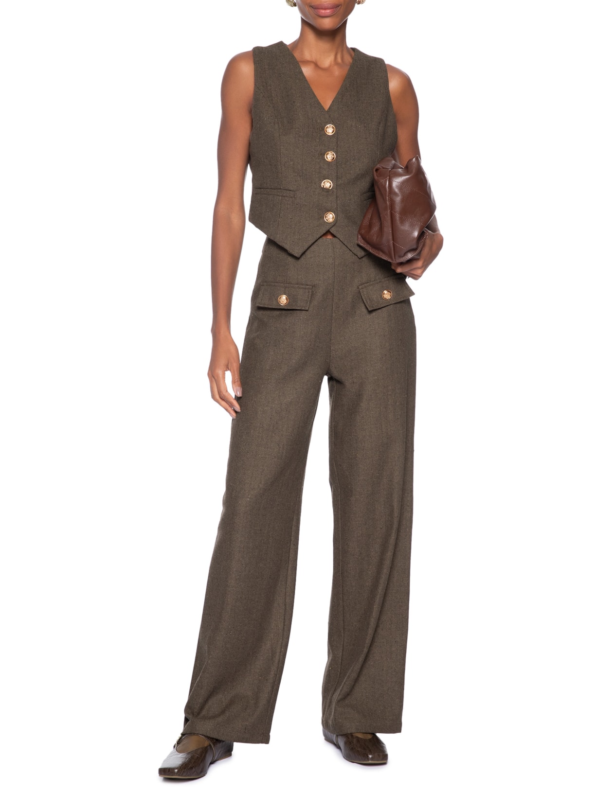 Calça Feminina Slim Com Bolso Frontal Marrom Basiq