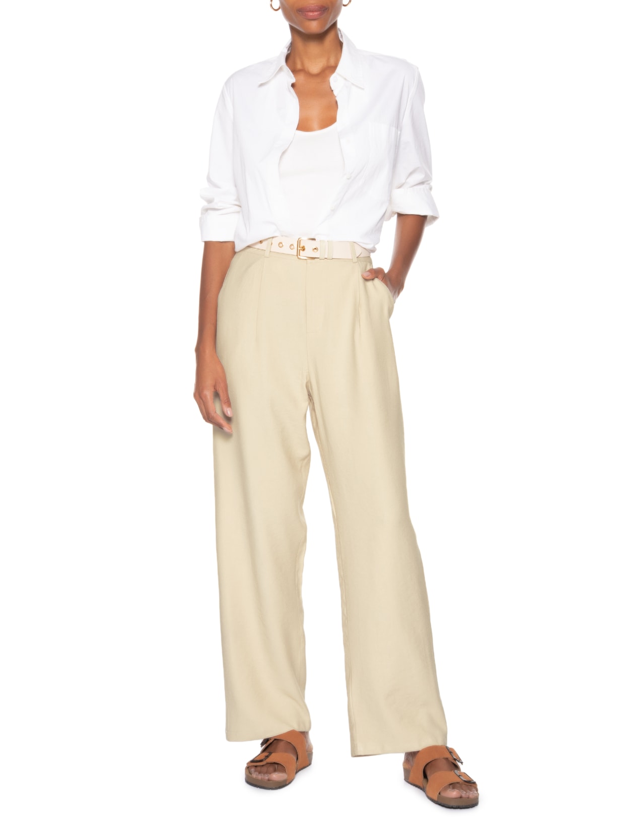 Calça Feminina Slim Com Pregas Bege Basiq