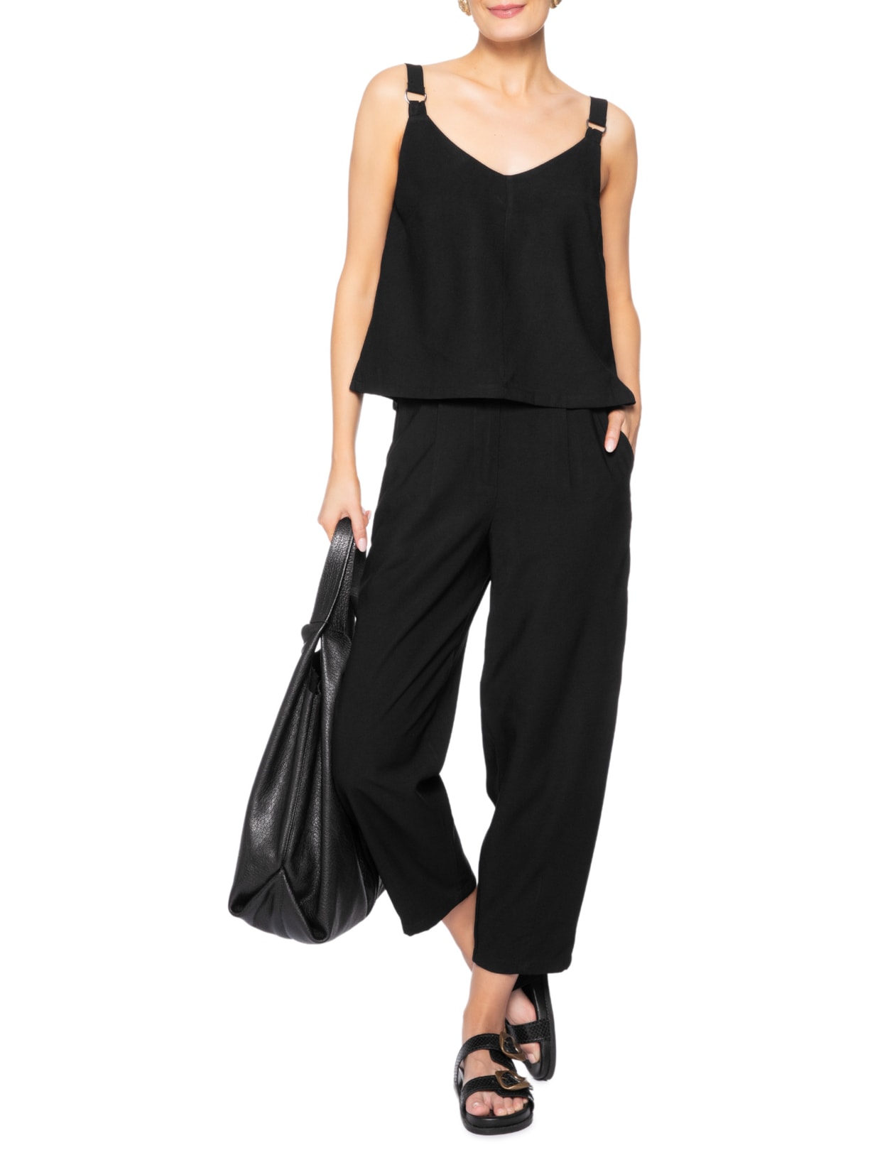 Calça Feminina Slouchy Com Pregas Preto Basiq