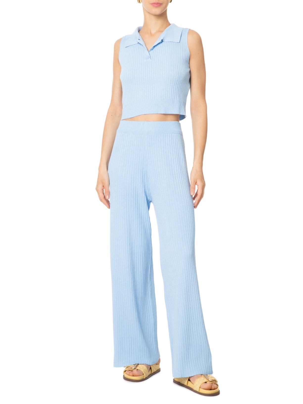 Calça Feminina Tricot Canelada Azul Basiq