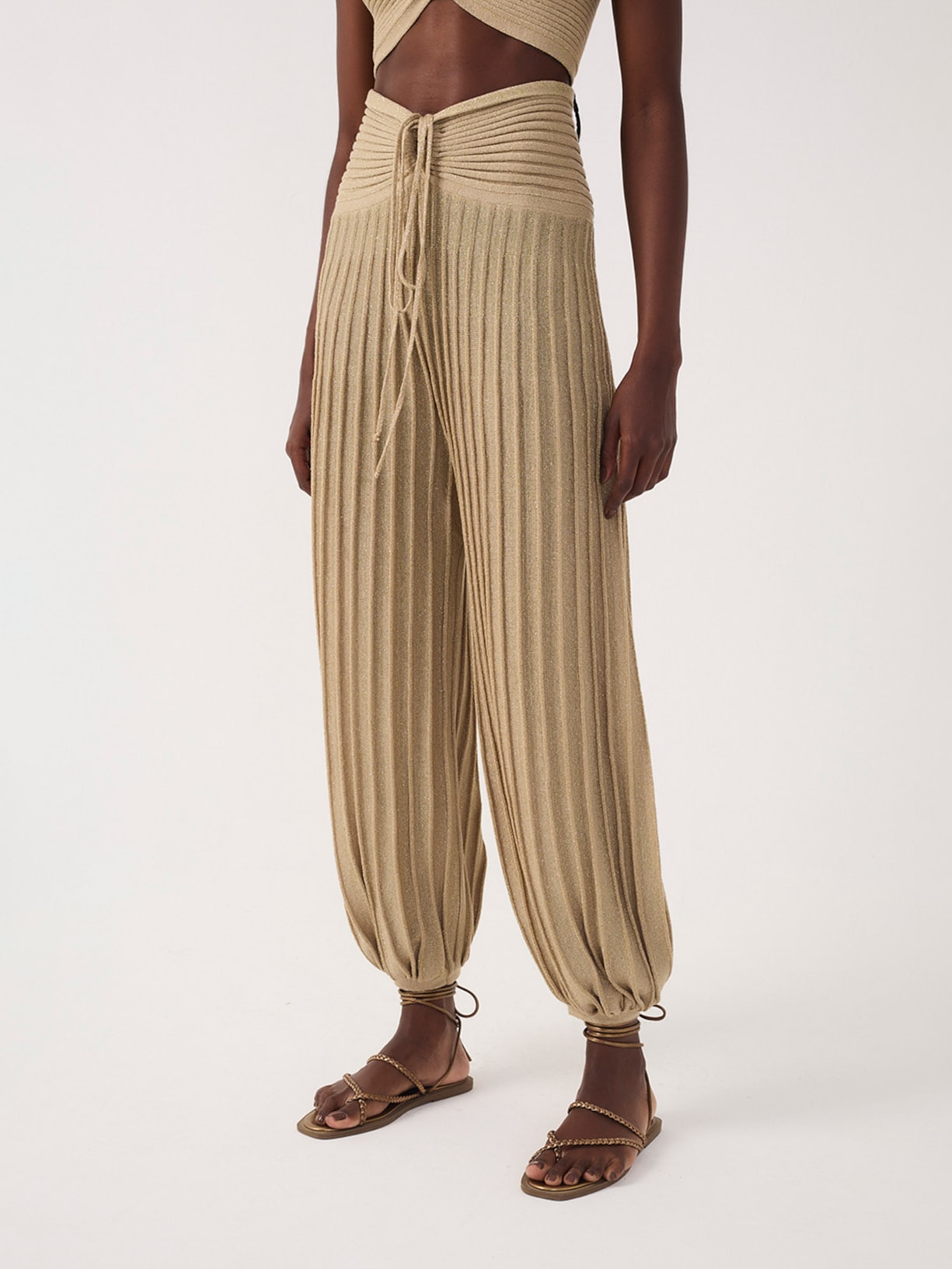 Calça Feminina Tricot Pala Franzida Lurex Dourado Dress To